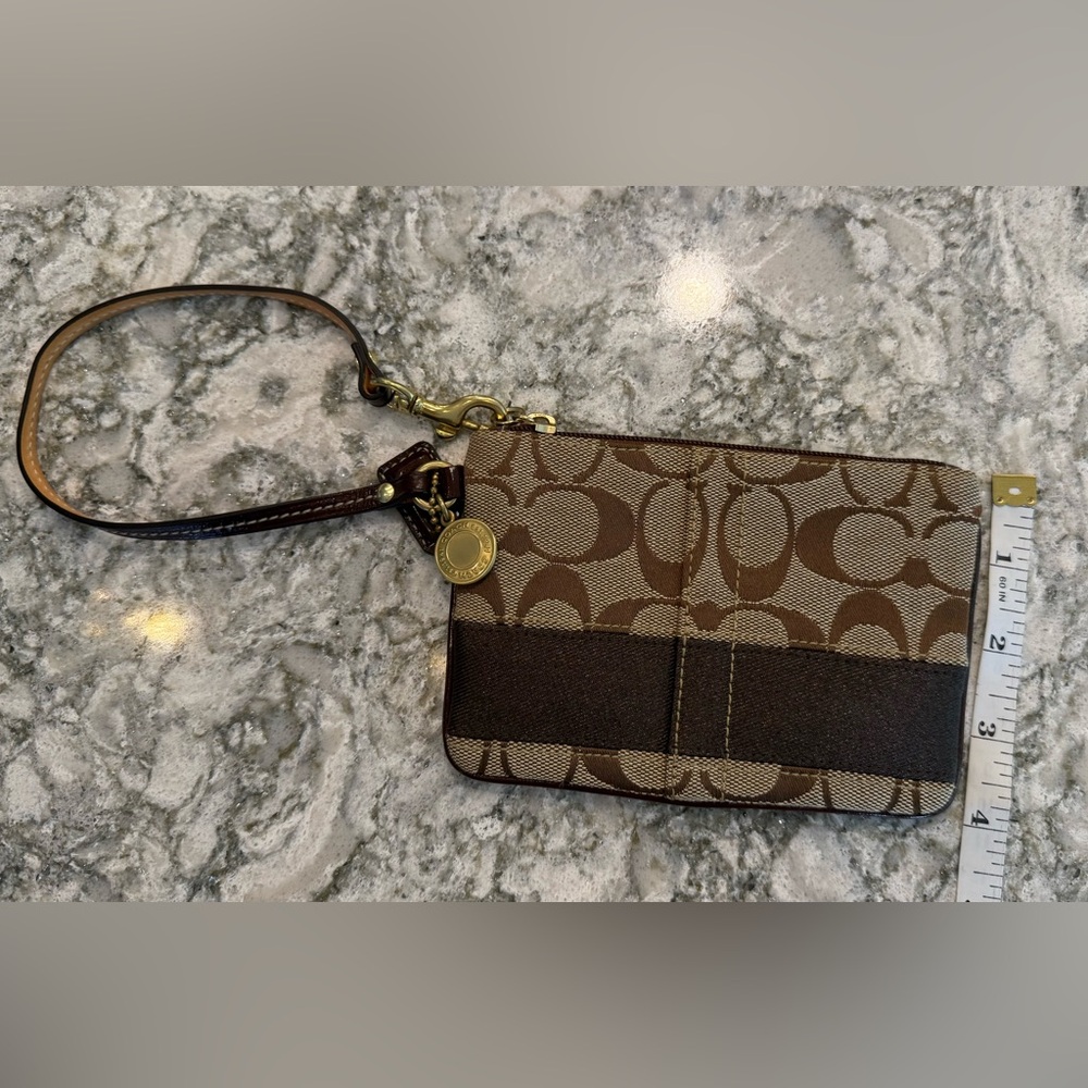 Coach Signature Wristlet with Brown Leather Trim